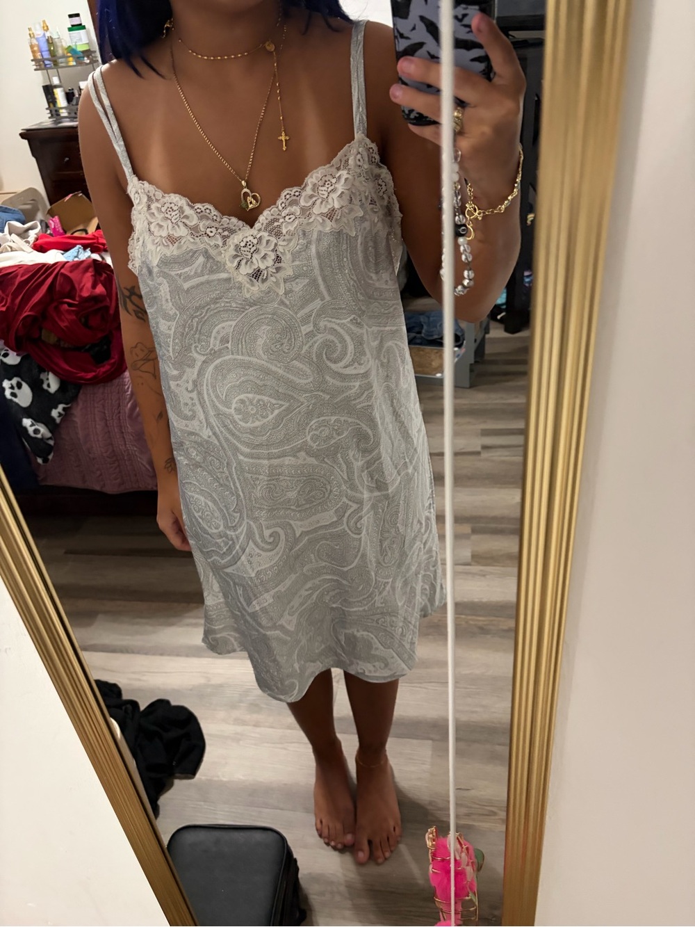 Lauren Ralph Lauren Lace-Trim Paisley Midi Slip Dress - Gray